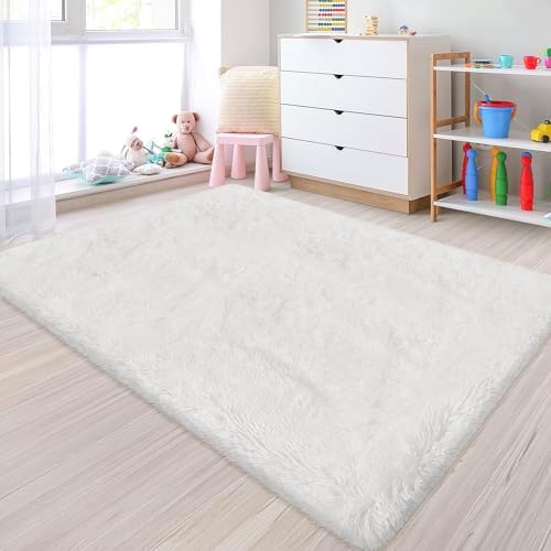 Small Area Rug for Bedroom 3x5ft Mini White Fluffy Rug Mat Bedside Throw Rug by JiaoBaba