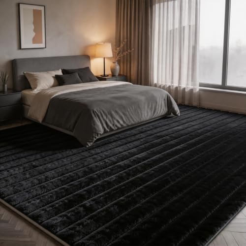Black Rabbit Striped Plush Rug 6'x9', Fluffy Shaggy Area Rug - Image 3