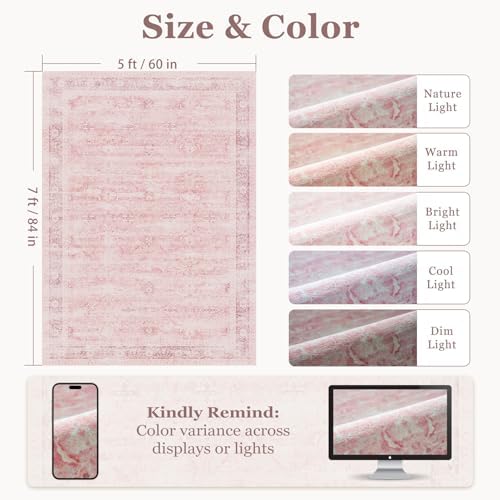 5x7 Pink Rug for Nursery, Thin Washable Rugs for Kids Room Playroom, Distressed - Image 2