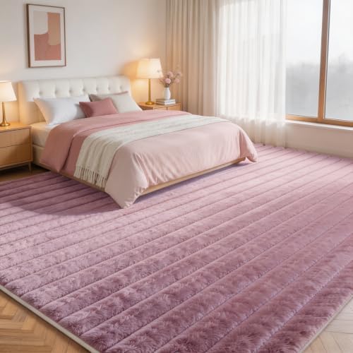 Dusty Rose Rabbit Striped Plush Rug 6'x9', Fluffy Shaggy Area Rug - Image 2
