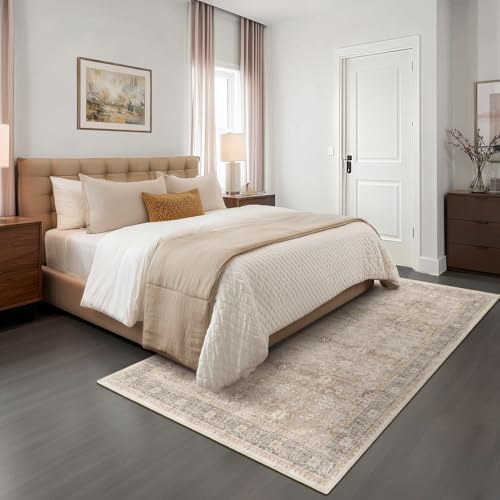 Washable Neutral 5x8 Area Rugs, Vintage Farmhouse Earth Tone Beige Taupe Carpet - Image 3