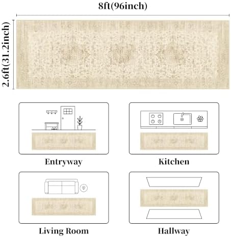 Beige Washable Runner Rug 2.6x8, Non Slip Vintage Rug Runners - Image 2