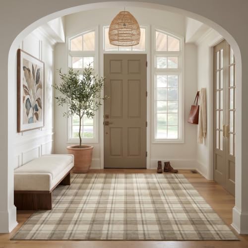 Beige Checkered 4x6 Washable Non-Slip Area Rugs by LULLOSA
