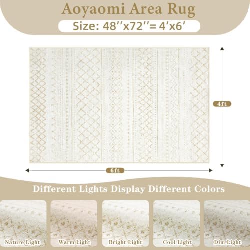 Area Rug 4x6 Geometric Rugs: Washable Boho Moroccan Rug Modern Neutral Stain - Image 2