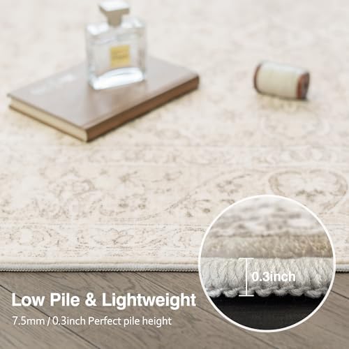 FMFUNCTEX 4ft Round Washable Beige Neutral Vintage Area Rug - Image 4