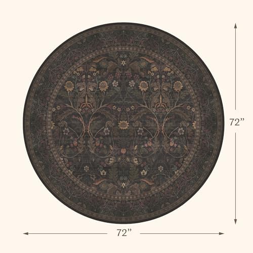 Brown Floral 6ft Round Rug for Living Room Kitchen Dining Room Under Table - Image 2