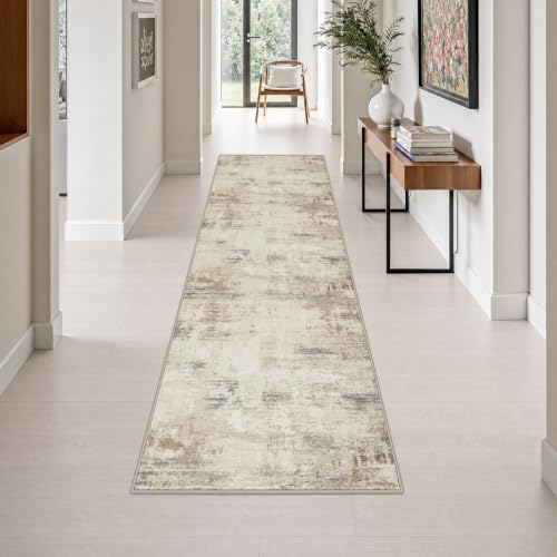 2.6x10 Washable Runner Rug:Modern Abstract Soft Carpet Beige Brown by FXRHLP