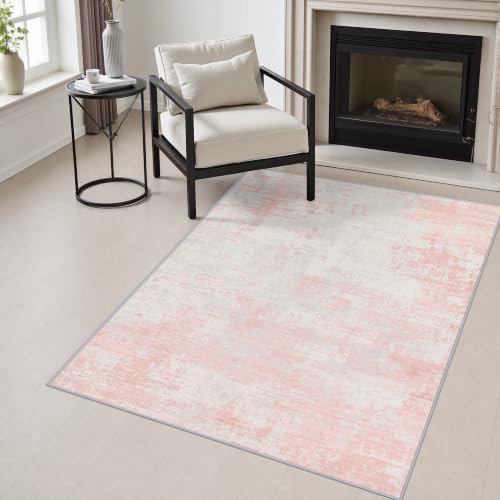 Area Rug Living Room: 3x5 Modern Washable Soft Carpet Pink White by FXRHLP