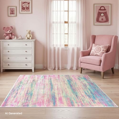 KOZYFLY Washable Girls Kids Bedroom Rug Pink 3x5 Area Rug Abstract Striped - Image 2