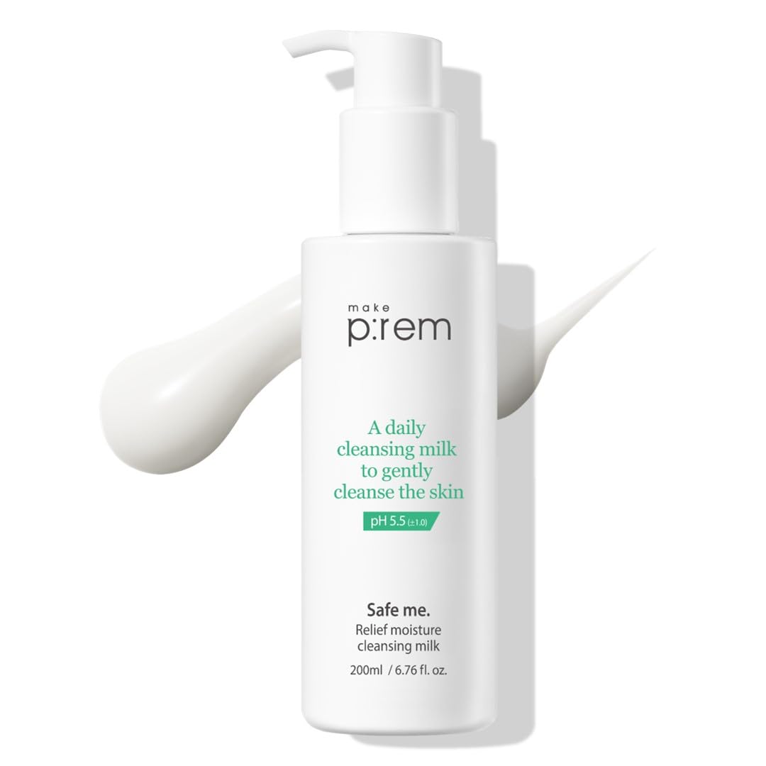 MAKE P:REM Safe Me. Relief Moisture Cleansing Milk, Hydrating Gentle Face Wash for Sensitive Skin with Soy Protein, Korean Milky Cleanser, Korean Skin Care, 6.76 Fl.Oz, 200ml