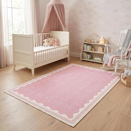 Garvee Entryway Rug 3x5 Washable Bordered Modern Rug Foldable Low Pile Pink by Garvee
