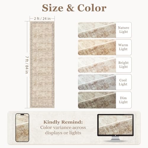 Neutral 2x7 Runner Rug Non Slip, Vintage Earth Tone Entryway Rugs - Image 2