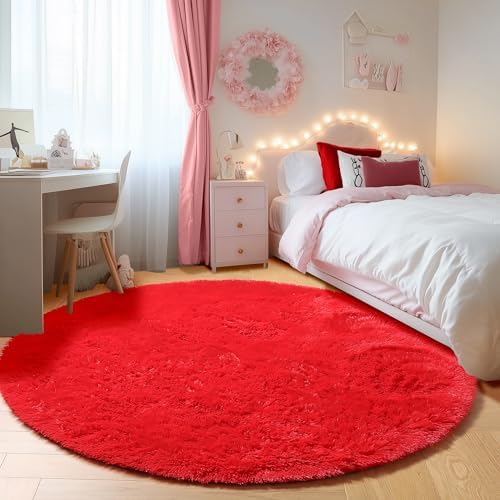 Red Fluffy Round Rug Circle Area Rugs 4ft - Image 5