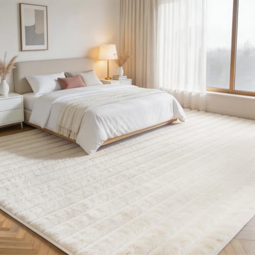 Creamy White Rabbit Striped Plush Rug 6'x9', Fluffy Faux Fur Shaggy Area Rug - Image 2