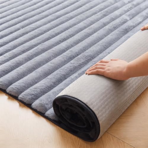 Blue Grey Rabbit Striped Plush Rug 4'x6', Fluffy Shaggy Area Rug - Image 5