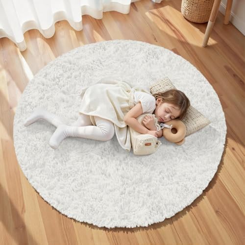 White Round Fluffy Rug 5ft Plush Fuzzy Shaggy Carpet - Image 5
