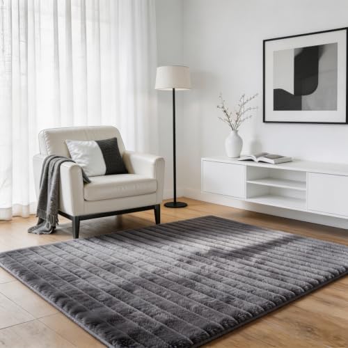 Gray Rabbit Striped Plush Rug 5'x8', Fluffy Shaggy Area Rug by CHOVY