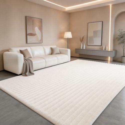 Creamy White Rabbit Striped Plush Rug 6'x9', Fluffy Faux Fur Shaggy Area Rug - Image 3
