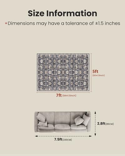 Amada 5x7 Washable Area Rug for Living Room, Vintage Pattern - Image 2