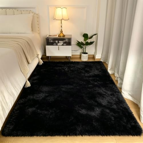 4x6 Black Fluffy Area Rug for Bedroom and Living Room, Washable Soft Shag Carpet by NEIGELUO