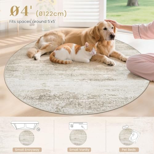Washable Round Rug 4ft for Bedroom: Circle Neutral Soft Rug Abstract Non Slip - Image 6