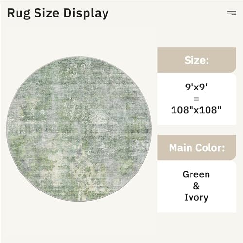 Soalmost Round Rugs 9ft Living Room Circle Area Rug 9x9 Green/Ivory Vintage - Image 5