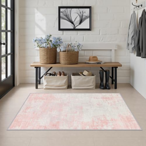 Area Rug Living Room: 3x5 Modern Washable Soft Carpet Pink White - Image 3