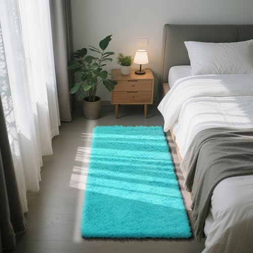 Teal Blue 2x4 Area Rugs for Bedroom, Fluffy Rug Small Carpet Bedside Rug by Yongyangjuxi