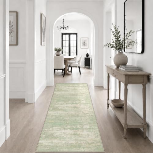 2x6 Washable Runner Rug：Modern Abstract Soft Carpet Green Cream - Image 6