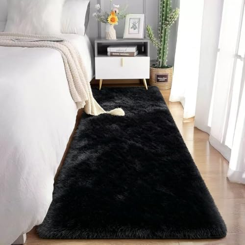2x6 Black Fluffy Runner Rug for Hallway and Bedroom, Washable Soft Shaggy Carpet - Image 4