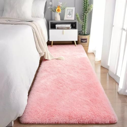 2x6 Pink Fluffy Runner Rug for Hallway and Bedroom, Washable Soft Shaggy Carpet - Image 4