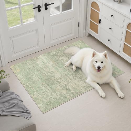 2x3 Washable Entryway Rug: Modern Abstract Soft Carpet Green Cream - Image 3