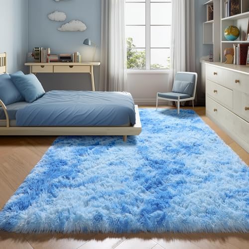 Area Rugs for Boys Bedroom Living Room, Fluffy 4x6 Tie-Dye Blue Bedside Rug - Image 4