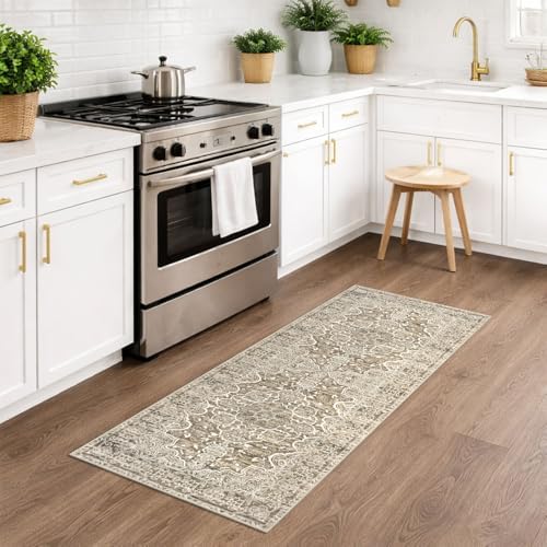 KUTA Vintage Washable Runner 2x5 Beige Brown 5ft Hallway Kitchen Runners - Image 3