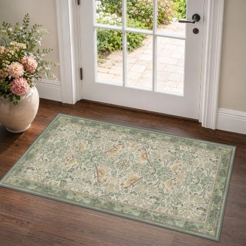 Washable Sage Green Floral Rugs by HazoHaus