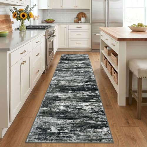 KOZYFLY Modern Abstract 2.6x8 Washable Hallway Runner Rug Black White Grey - Image 2