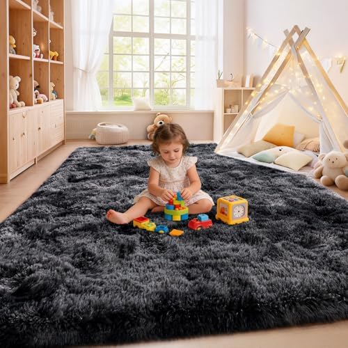 Black Grey Shaggy Rugs, 9x12Ft Large Fluffy Carpets, Indoor Plush Area Rug - Image 6