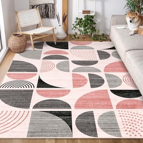 MUJOO Pink Rug Washable, 5x7 Area Rugs Non Slip Modern Abstract Boho Large - Image 3