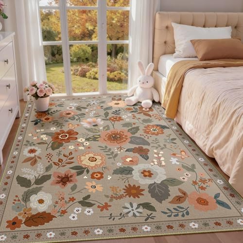 RELEANY Floral Washable 5x7 Area Rugs Brown/Brick - Image 2