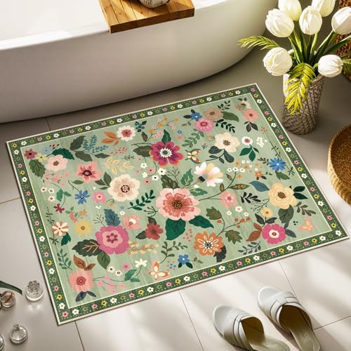 RELEANY Floral Washable 2x3 Area Rugs Doormat LightGreen - Image 3