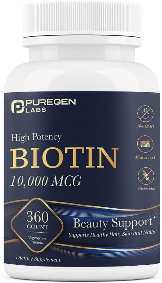 Puregen Labs Biotin 10,000 MCG Supports Healthy Hair, Skin & Nails - High Potency Beauty Support - Non-GMO, Gluten Free | 360 Vegetarian Tablets