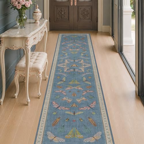 Blue Insect Hallway Runner Rug 2x10, Washable Non Slip Kitchen Sink Rug by HazoHaus