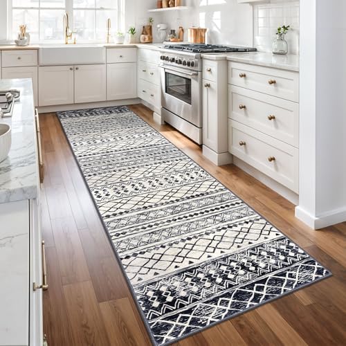 KUTA Moroccan Boho Geometric Washable Runner Rug 2.6x10 Black Navy Blue - Image 3