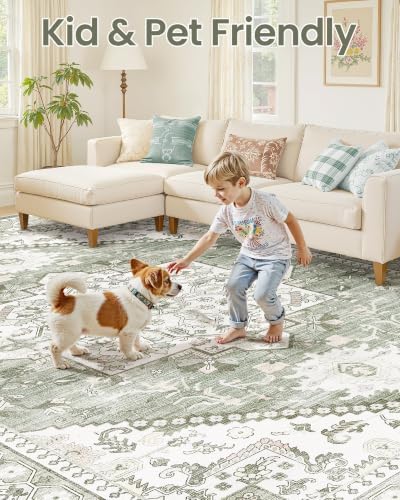 Washable Area Rug-6X9 Vintage Neutral Soft Green - Image 6