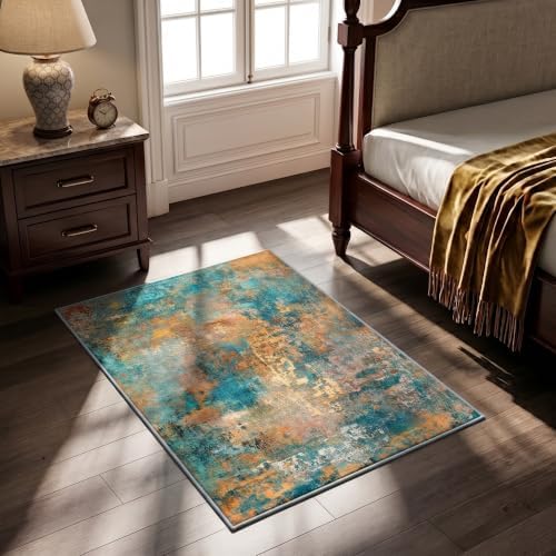 Small Washable Area Rug 2x3, Soft Non Slip Entryway Rug, Teal/Orange - Image 6