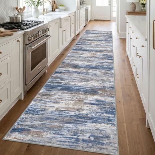 KOZYFLY Modern Wide Hallway Runner Rug 3x14 Washable Rug Runner Blue Rust - Image 3
