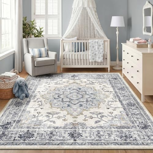 CAPALOCA 9x12 Washable Nursery Girls Low Pile Area Rug Blue White - Image 3