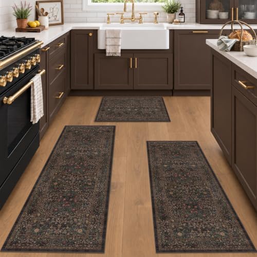 JTJ Taupe Brown Kitchen Rug Set of 3, Washable Non Slip Mats by JTJ