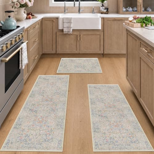 JTJ Vintage Botanical Kitchen Rugs Set of 3, Non Slip Washable Kitchen Mats by JTJ