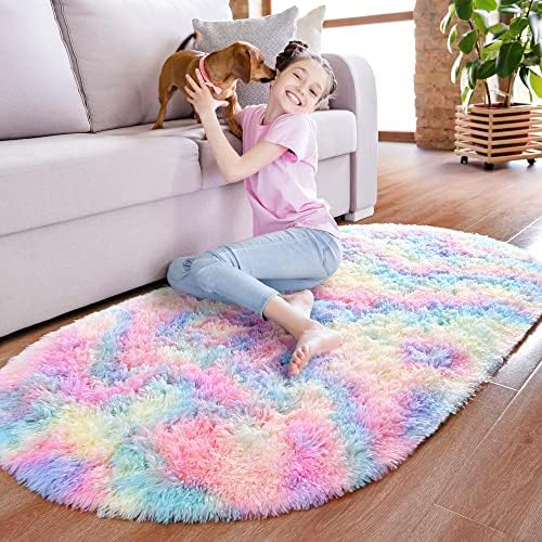 2x5 Rainbow Fluffy Soft Oval Rug Non-Slip - Image 2